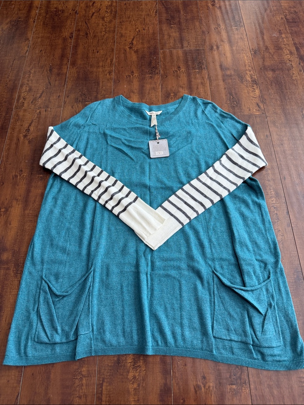 Matilda Jane Teal Crewneck Sweater with Striped Cream Sleeves